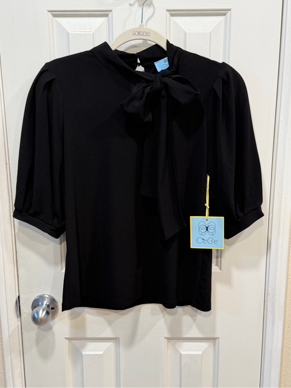 CeCe Black Bow Tie Puff Sleeve Blouse S